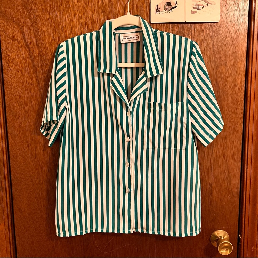 Vintage button down dark green and white striped shirt.